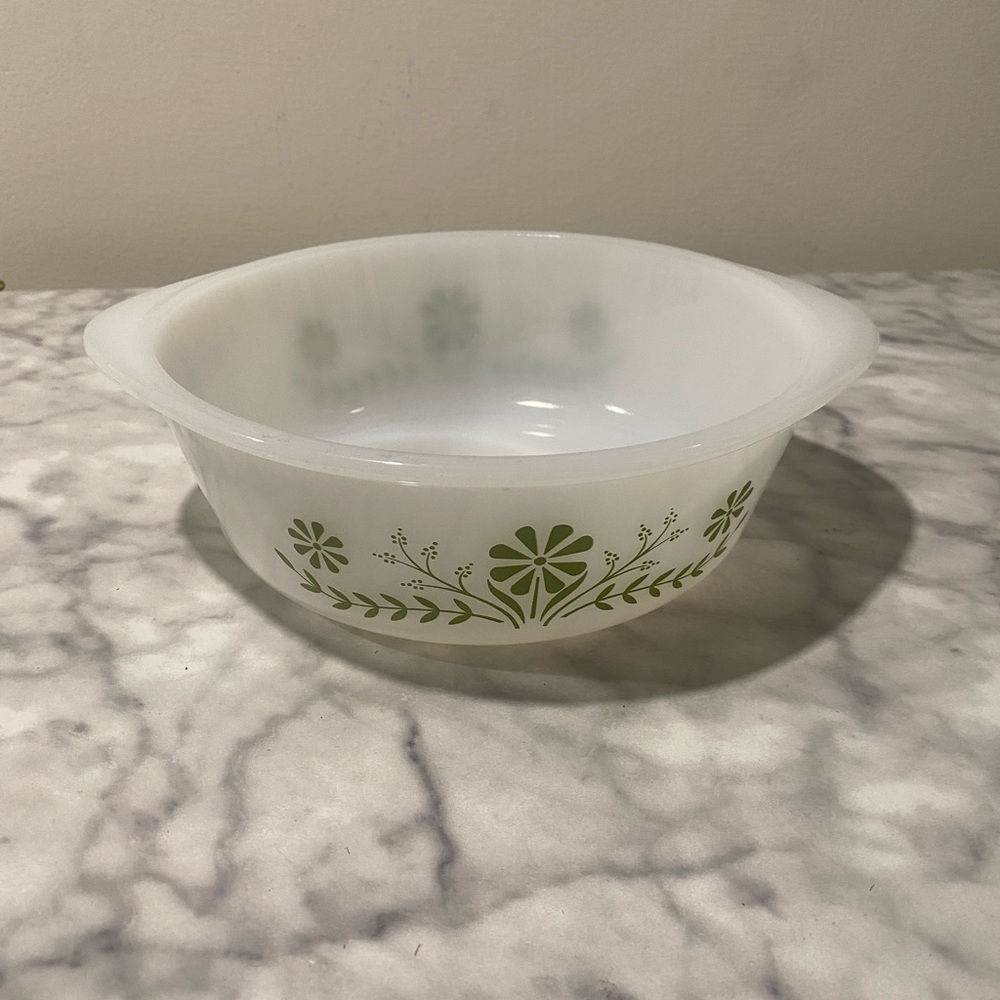 Vintage Glasbake green daisy bowl